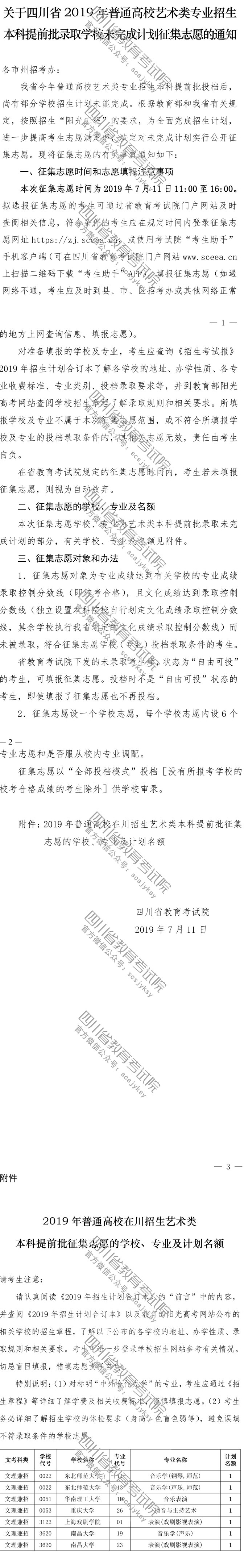 關于普通高校藝術類專業招生本科提前批錄取學校未完成計劃征集志愿的通知